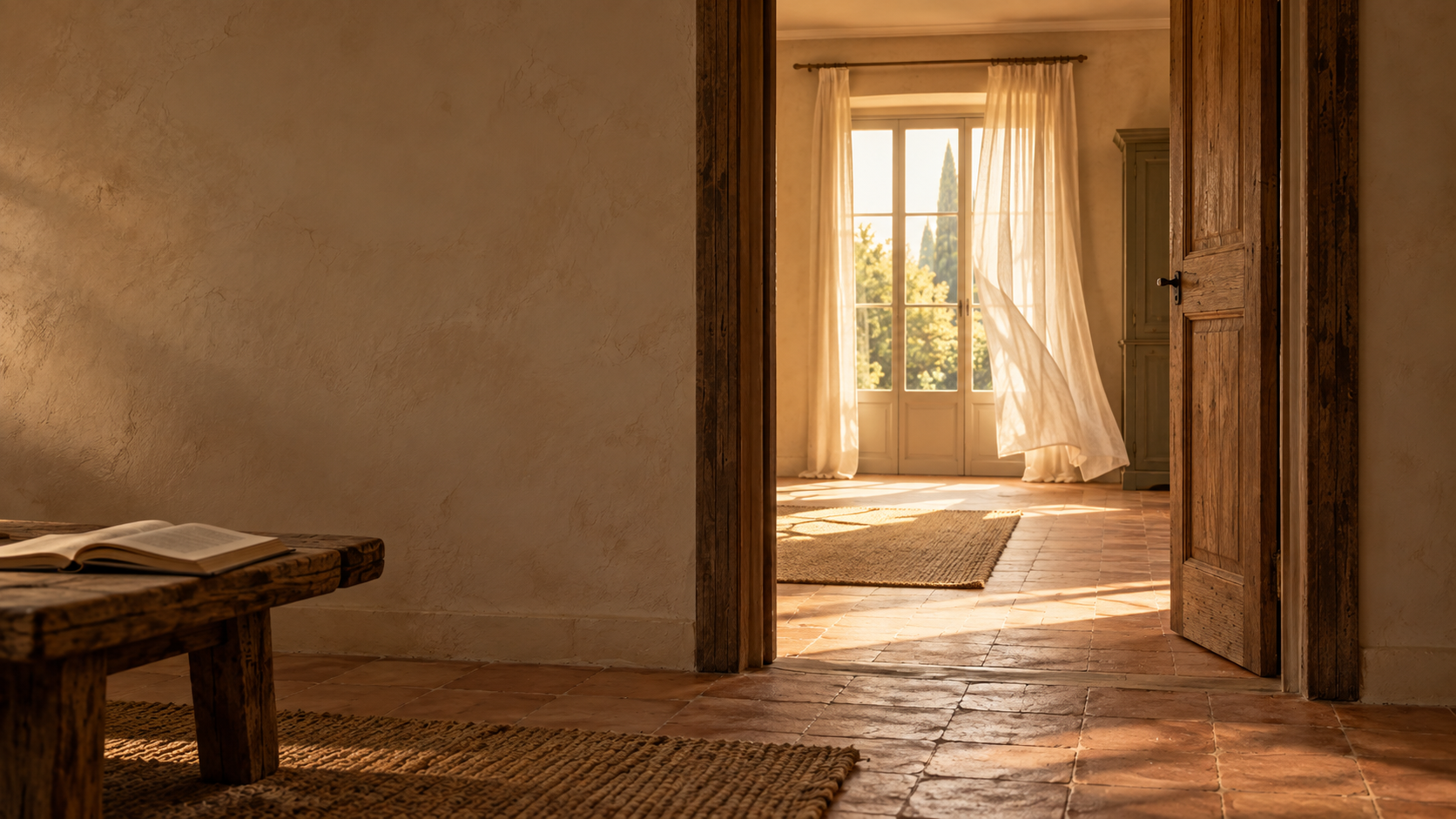 Warm, sunlit room viewed through an open doorway.